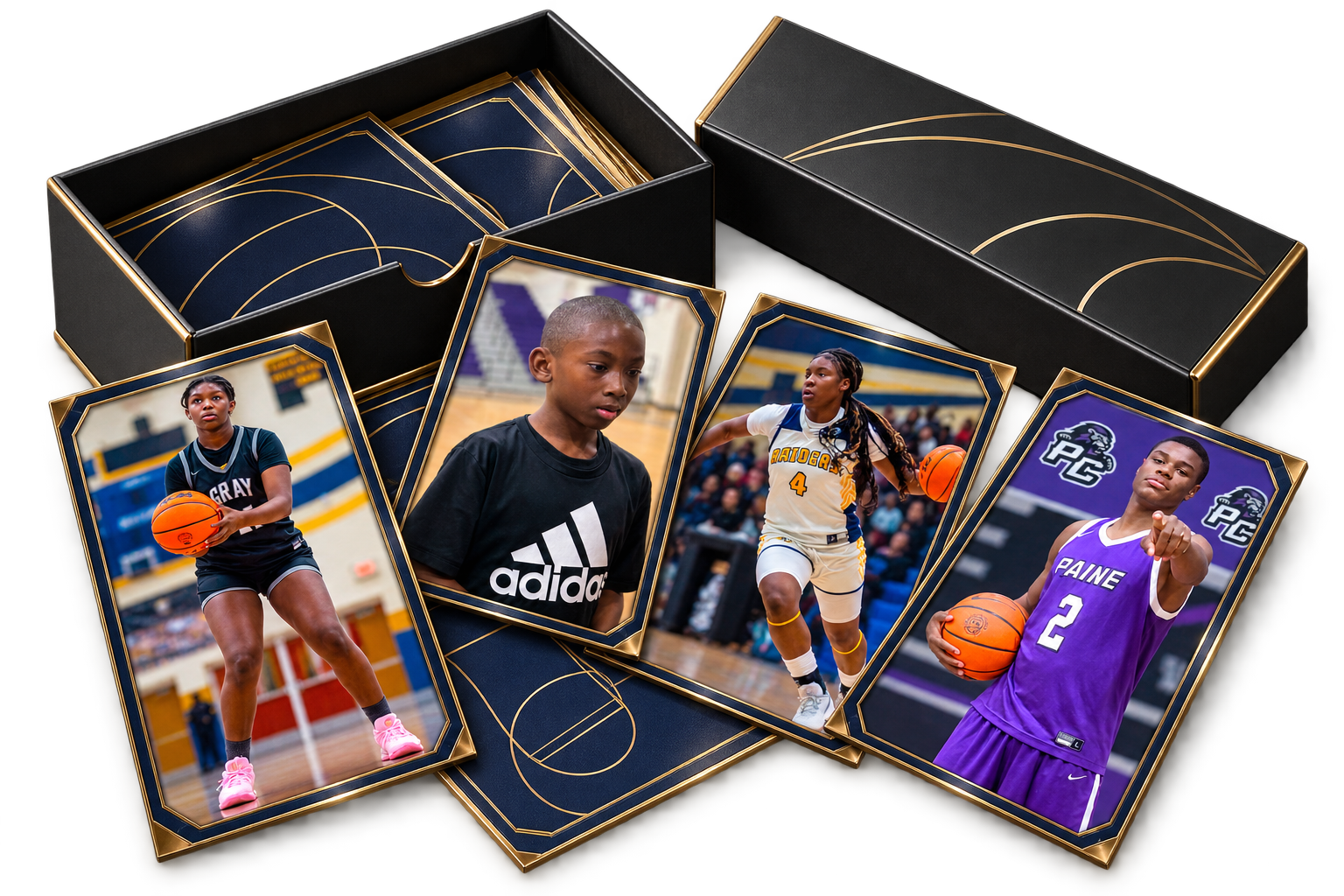 ALOTO athlete trading cards spilling from a premium card box